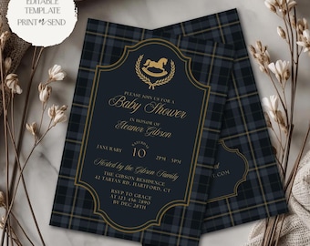 Tartan Baby Shower Invitation | Classic Vintage Polo Horse Party Invite Template Editable Printable Digital
