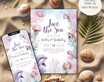 Two the Sea Invitation | Pink Purple Ocean Animals Under the Sea Girl 2nd Birthday Invite Editable Template Printable Digital Download