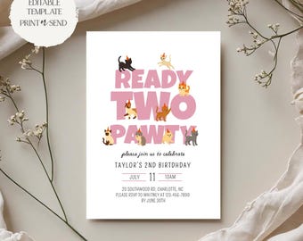Ready Two Pawty Birthday Invitation | Pink Party Animal Kitty Cat Pet Girl 2nd Birthday Invite Editable Template Printable Digital Download