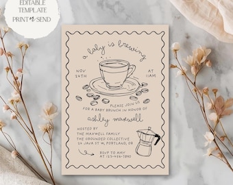 A Baby is Brewing Invitation | Doodle Art Cafe Bebe Coffee Bean Brunch Baby Shower Invite Editable Template Printable Digital Download