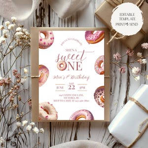 Sweet One First Birthday Invitation | Pink Purple Donut Girl 1st Birthday Party Invite Editable Canva Template Printable Digital Download
