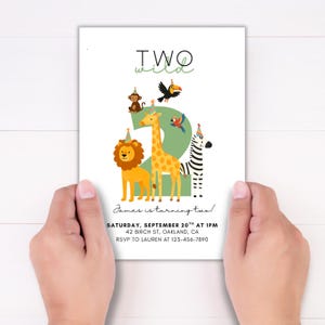 May include: A white invitation card with the text "TWO wild" and a large green number "2" featuring cartoon animals. The card includes event details: "James is turning two!" and RSVP information.
