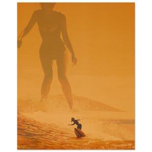 May include: An artistic, sepia-toned image of a surfer riding a wave, with a large silhouette of a person in the background. The surfer is small in comparison to the wave. The overall theme is surfing and the ocean.