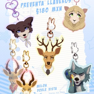 May include: A promotional image for "BEASTARS" merchandise, featuring character keychains. The keychains showcase various animal characters with detailed illustrations. The text "PREVENTA LLAVEROS" and "$180 MXN" are visible. The image has a light blue background.