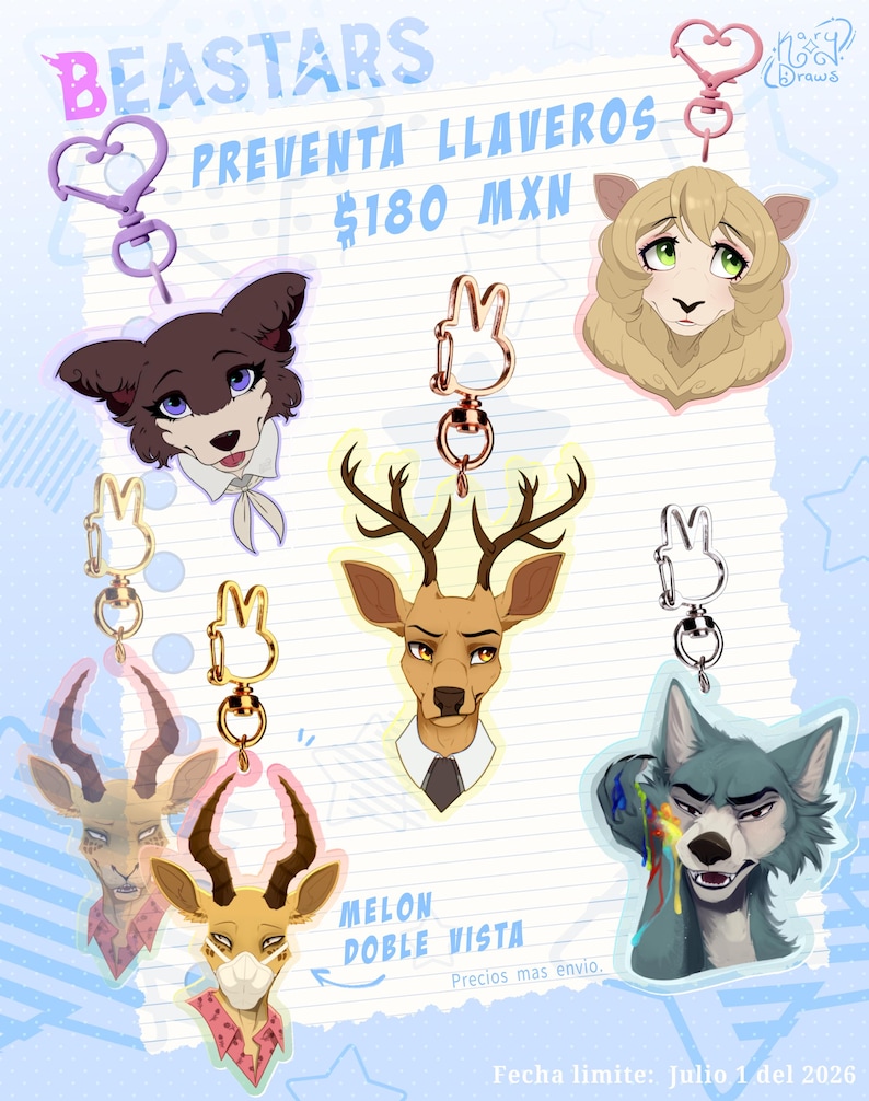 May include: A promotional image for "BEASTARS" merchandise, featuring character keychains. The keychains showcase various animal characters with detailed illustrations. The text "PREVENTA LLAVEROS" and "$180 MXN" are visible. The image has a light blue background.