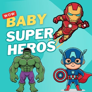 Clipart de bebê super-herói | Super-heróis fofos PNG de 300 DPI | Clip Art de bebê dos Vingadores | Crianças heróis de desenho animado | Decoração de festa de aniversário | Download instantâneo
