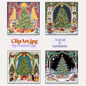 May include: Four Christmas-themed illustrations. Each features a decorated Christmas tree surrounded by wrapped gifts. The first image has a fireplace and window backdrop. The second has text that reads "Merry Christmas". The third has dogs. The fourth has a snowy forest.