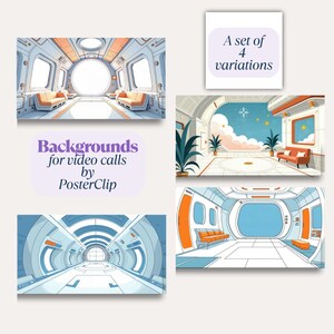 May include: A set of four digital backgrounds for video calls. The images feature futuristic interior designs with orange and blue accents. One image shows a spaceship interior with a large circular window and seating.