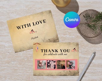 Ballet Thank You Card Template with Photo, Editable Canva Template, With Love, Pink Ballet Party Thank You Card, Printable Digital Download
