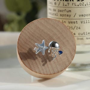 Ocean Stud Earrings • Starfish and Jellyfish Mismatch Earrings • Silver Beach Earrings • Nautical Jewelry Gift • Dainty Sea Earrings