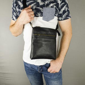 Men’s Leather Crossbody Bag – Black Shoulder Messenger, Handmade Gift for Him