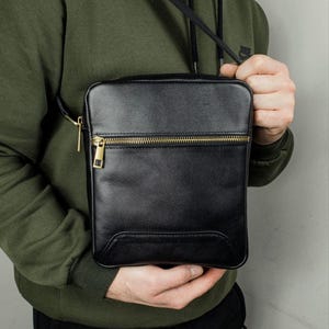 Men&#39;s Leather Crossbody Bag – Shoulder Messenger Bag, Genuine Black Leather, Gift for Him
