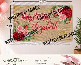 Roses Happy Birthday Banner Template Editable Name Age