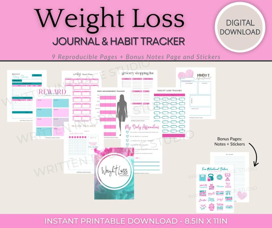 Weight Loss Journal + Habit Tracker | 11-page Printable Wellness Kit + Bonus Motivational ...