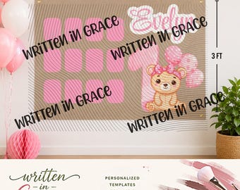 Teddy Bear Photo Banner Template | Girls 1st Birthday | Editable Name (Digital Download)