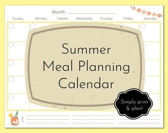 Summer Monthly Meal Planning Calendar (blank) - Instant Printable PDF