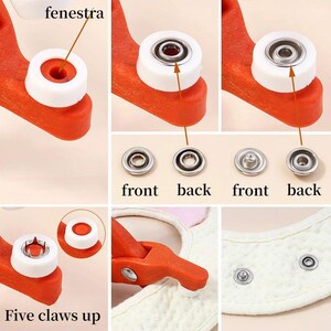May include: An orange snap fastener tool with white components and silver snaps. The image shows the tool in use, along with close-ups of the snaps and a bib with snaps attached. Text includes "front", "back", and "Five claws up".