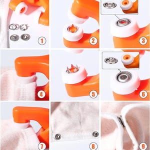 May include: A step-by-step guide showing how to install snap fasteners using an orange tool. The images show the tool, the snaps, and the process of attaching the snaps to fabric. The snaps are silver and the fabric is white.