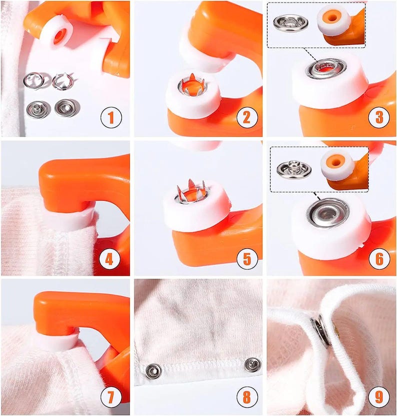 May include: A step-by-step guide showing how to install snap fasteners using an orange tool. The images show the tool, the snaps, and the process of attaching the snaps to fabric. The snaps are silver and the fabric is white.