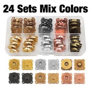 May include: A clear plastic organizer filled with various sets of magnetic snaps in mixed colors. The snaps are in gold, silver, black, copper, and bronze tones. The text "24 Sets Mix Colors" is at the top of the image.