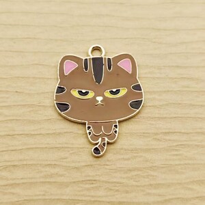 May include: A brown cat-shaped metal charm with black stripes, yellow eyes, and pink inner ears. The charm features a small loop at the top for attachment and displays a grumpy facial expression with a small nose and mouth in a flat design.