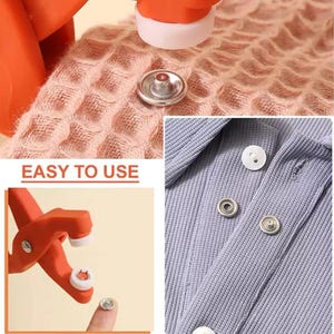 May include: An orange snap fastener tool with white tips is shown with a silver snap. The text "EASY TO USE" is visible. The image also shows snaps attached to a light purple fabric and a pink textured fabric.