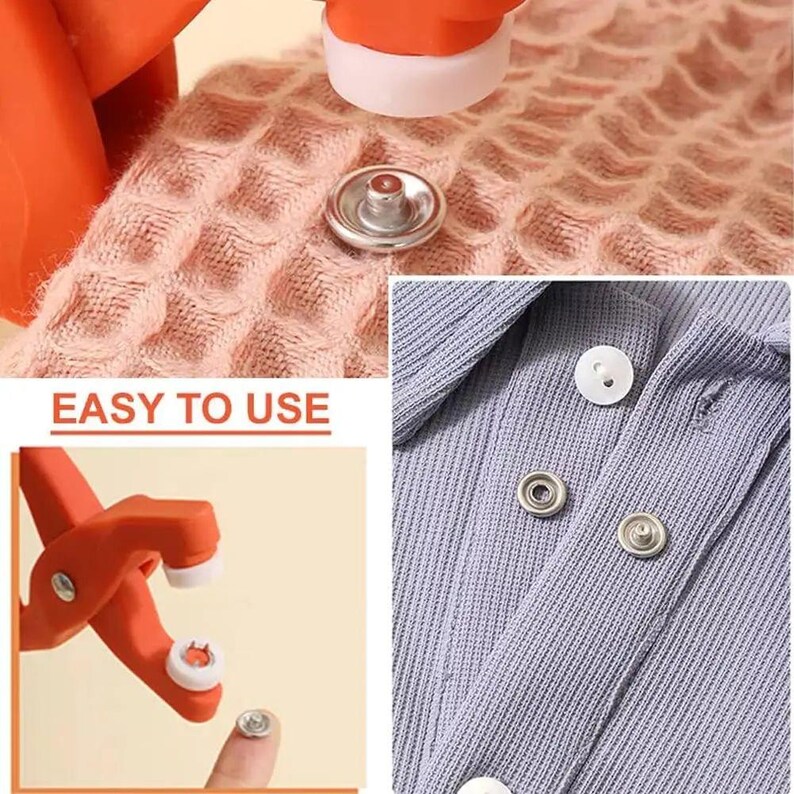 May include: An orange snap fastener tool with white tips is shown with a silver snap. The text "EASY TO USE" is visible. The image also shows snaps attached to a light purple fabric and a pink textured fabric.