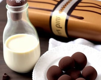 May include: A clear glass bottle filled with a creamy white liquid, a chocolate-covered truffle on top. A plate holds several round, dark chocolate truffles. A brown bottle with a label is in the background.