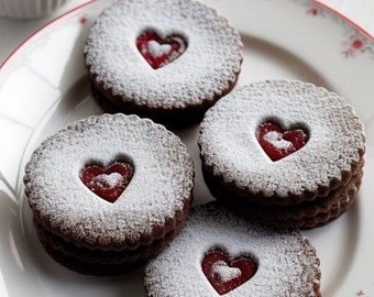 May include: Four chocolate sandwich cookies with heart-shaped raspberry jelly centers, dusted with powdered sugar, on a white plate with a red and white floral pattern.