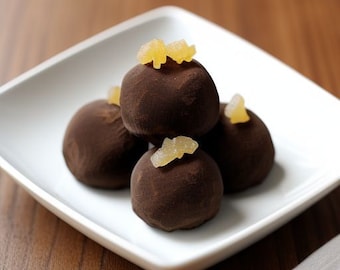 May include: Close-up of chocolate truffles on a white square plate. The truffles are dark brown, dusted with cocoa powder, and topped with candied ginger. The plate is on a wooden surface.