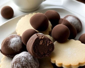 May include: A white teacup filled with dark liquid sits on a white plate, next to a plate of chocolate truffles and shortbread cookies. Some truffles are dusted with white powder, and one is bitten, revealing the inside.