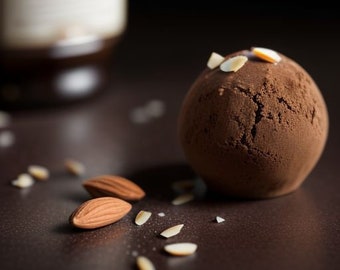 May include: A close-up of a chocolate truffle sprinkled with almond slivers. Two whole almonds and scattered almond pieces are in the foreground. A blurred bottle is in the background. The truffle is a rich brown color.