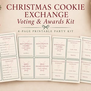 Pode incluir: Um kit imprimível de 4 páginas para troca de biscoitos de Natal com cédulas de votação e cartões de premiação. As folhas brancas têm bordas verde-escuras e texto vermelho, incluindo gráficos de laços para votação e prêmios.