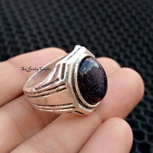 Anillo de piedra solar de moda para hombre, anillo de plata de ley 925, piedra solar azul, hermoso anillo, hecho a mano - Anillo llamativo, anillo vintage clásico