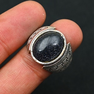 Anillo clásico de piedra solar para hombre, anillo de plata de ley 925, piedra solar azul, hermoso anillo, hecho a mano - Anillo llamativo, banda de diseñador de plata para hombre