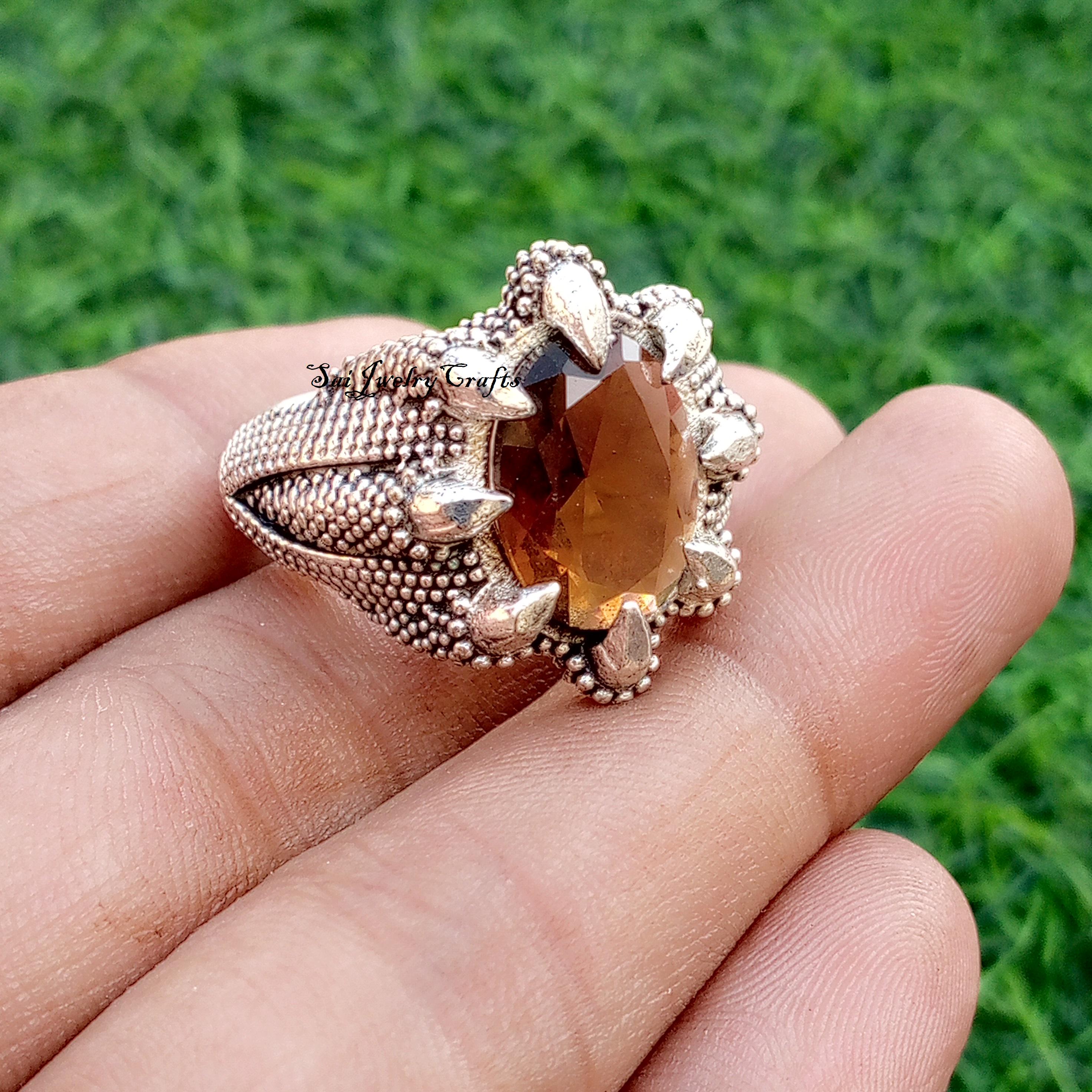 Unique Peacock Nail Design Smokey Quartz Men's Ring, 925 Sterling