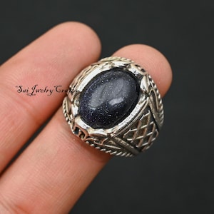 Anillo de piedra solar auténtica para hombre, plata de ley 925, anillo unisex de piedra solar azul, hermoso anillo, hecho a mano, anillo llamativo, regalo para ella