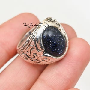 Anillo de piedra solar auténtica para hombre, anillo de plata de ley 925, anillo unisex de piedra solar azul, anillo vintage, hecho a mano, anillo llamativo, regalo para papá.