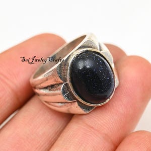 Anillo de piedra solar de moda para hombre, anillo de plata de ley 925, piedra solar azul, anillo magnífico, hecho a mano - Anillo llamativo, anillo vintage clásico