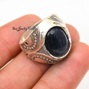 Anillo clásico de piedra solar azul para hombre, plata de ley 925, bonito anillo vintage, hecho a mano, anillo llamativo, regalo de Navidad.