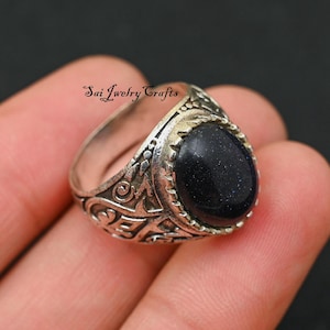Anillo de piedra solar natural para hombre, anillo de plata de ley 925, piedra solar azul, hermoso anillo, hecho a mano - Anillo llamativo, regalo para ella, anillo para la ansiedad,