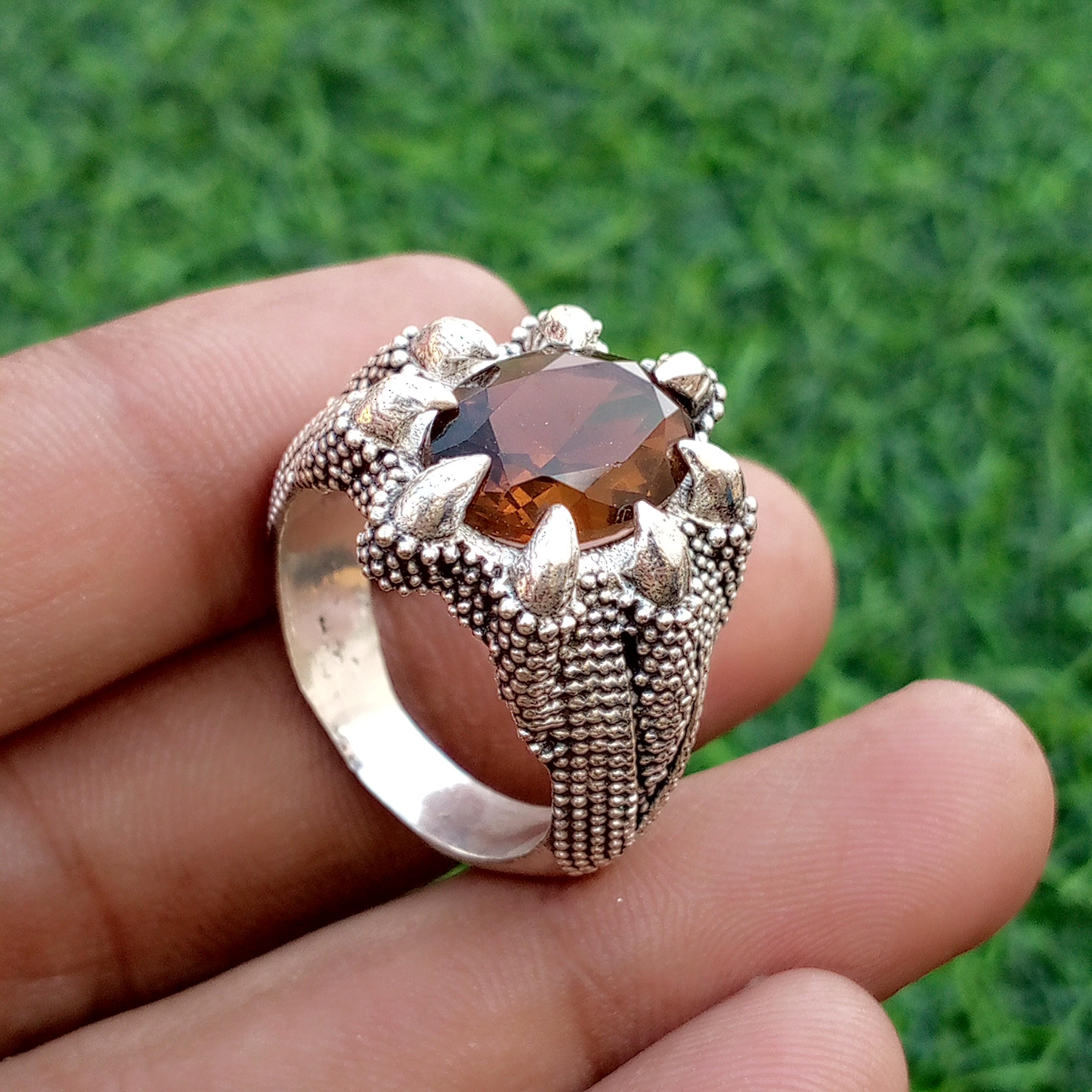 Unique Peacock Nail Design Smokey Quartz Men's Ring, 925 Sterling