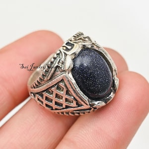 Hermoso anillo de piedra solar para hombre, plata de ley 925, piedra solar azul, unisex, vintage, hecho a mano, regalo para ella.