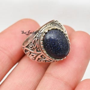 Anillo de diseño de piedra solar para hombre, plata de ley 925, piedra solar azul, hermoso anillo, hecho a mano - Anillo llamativo, anillo vintage clásico