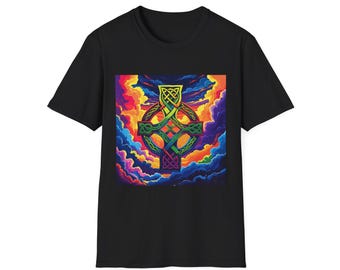 Camiseta con una cruz celta. Signos y símbolos antiguos. Druidas. Misteriosos motivos irlandeses antiguos. Creencias antiguas. Símbolos religiosos.