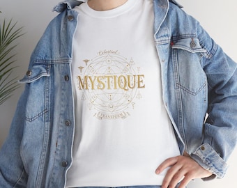 Camiseta con emblema vintage místico | Gráfico de luna y estrellas ocultas. Camiseta astrológica y numerológica. Magia negra, pentagrama.