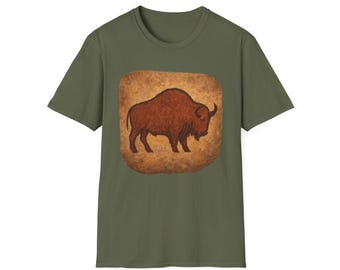 Camiseta con un bisonte. Diseño gráfico con temática de naturaleza y arqueología. Arte rupestre, prehistoria, Edad de Piedra. Camiseta unisex. Regalo para él.