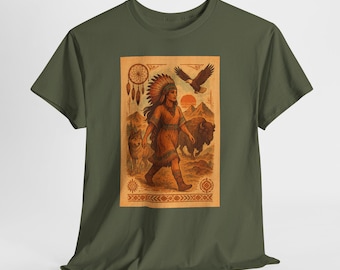 Camiseta con una mujer indígena de la tribu. Población nativa americana. Moda vintage. Camisa de estilo bohemio. Naturaleza salvaje. Lobo.