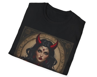 Camiseta con retrato de hechicera oscura | Fantasía gótica de bruja cornuda/Camiseta con diabla/Estilo gótico/Confección prêt-à-porter