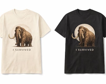 Camiseta con un mamut. Gráficos prehistóricos. Sobrevivió. Edad de Piedra. Motivo arqueológico. Arte antiguo. Camiseta de arte paleolítico. Historia.